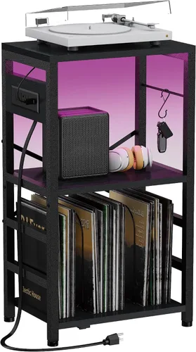 Vista 15 de YAKANJ Mesa Auxiliar con Soporte para Guitarra, Soporte para Tocadiscos, Almacenamiento para Discos de Vinilo, Soporte de 2 Niveles para Guitarra