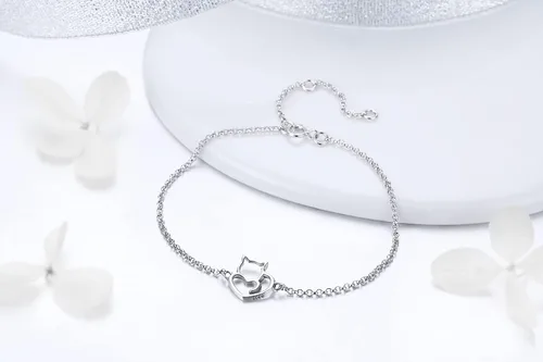 Vista 6 de Pulsera de cadena de plata de ley 925 con dije de corazón de amor de gato, pulseras de oro chapadas ajustables con longitud de cadena de 6.5 a 7.9