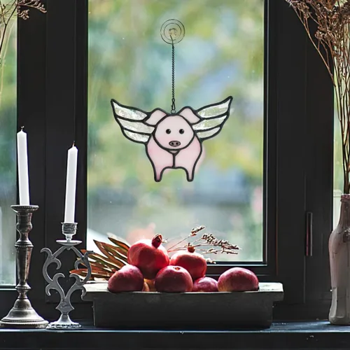Vista 5 de BOXCASA Suncatcehr - Regalos de cerdo para ventana, lindos regalos de cerdo volador para niñas, mujeres, amantes de los cerdos, vidrieras