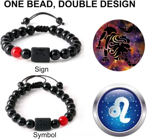 Vista 2 de Pulsera con signos del zodiaco para hombres y mujeres, 0.315in, piedra de ónice negra natural, constelación, horóscopo trenzado, pulseras de cuentas