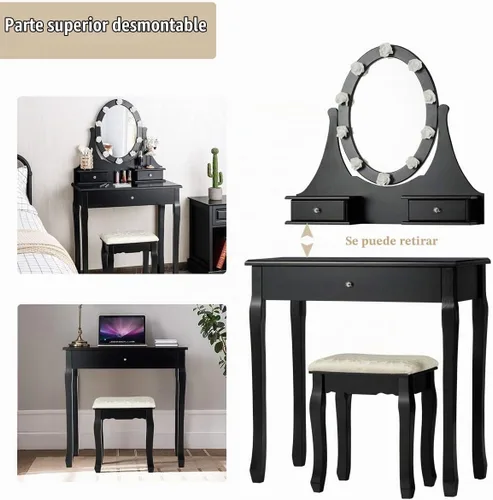Vista 5 de Giantex Juego de tocador con espejo iluminado, mesa de maquillaje con 10 luces rosadas, escritorio de tocador moderno con taburete acolchado, 3 Negro