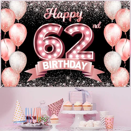 Vista 161 de Cartel de feliz cumpleaños décimo oro rosa, telón de fondo, saludos a 10 años, globos de confeti, decoración temática para niñas de 10 años