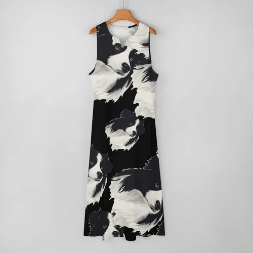Vista 6 de Lindo Border Collie Hound - Vestido largo para mujer, cuello en V, sin mangas, estampado casual