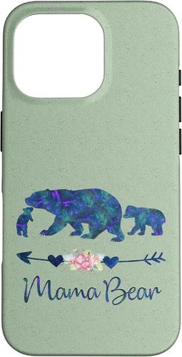 Vista 20 de Teal Blue Purple Floral Mama Bear and Two Cubs Light Green Case for iPhone 16