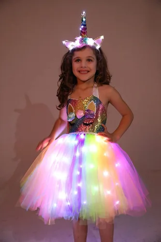 Vista 5 de Viyorshop Disfraz de unicornio para niña, vestido de tutú de unicornio con luz LED para disfraces de fiesta de Halloween
