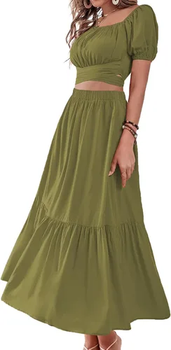 Vista 3 de LYANER Conjunto de 2 piezas para mujer, conjunto de falda larga con volantes y lazo cruzado