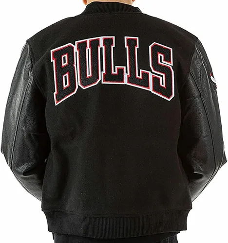 Vista 4 de La-Mejor Chicago Bomber Letterman Baseball Varsity Black & Red Bull Chaqueta de lana con piel sintética y cuero para hombre