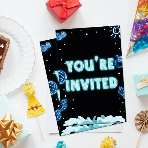 Vista 4 de Soiceu Invitaciones de cumpleaños de neón para adolescentes y niños con sobres, juego de 20