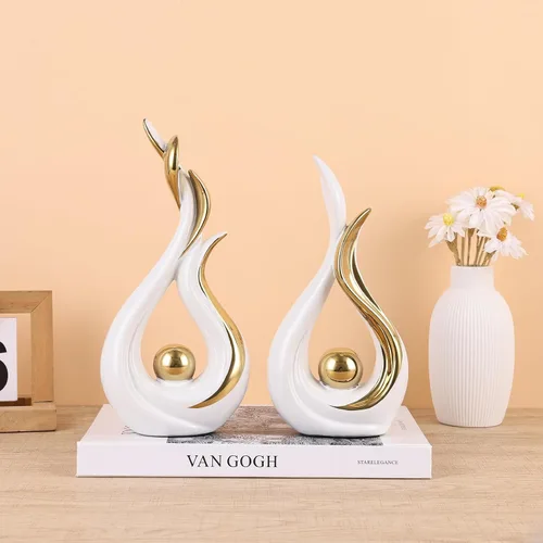 Vista 4 de Juego de 2 esculturas abstractas de cerámica con llamas, figuras modernas para centro de mesa de sala de estar, decoración de mesa de comedor, Oro