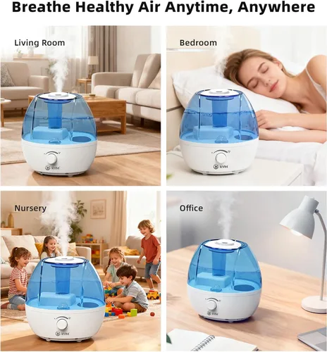 Vista 6 de Humidificador ultrasónico de niebla fría KVM, humidificadores de aire silenciosos para dormitorio, guardería, oficina y plantas