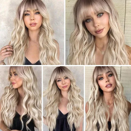 Vista 7 de HAIRCUBE Peluca rubia con reflejos, peluca larga y rizada con flequillo, peluca marrón, aspecto natural, resistente al calor, peluca sintética