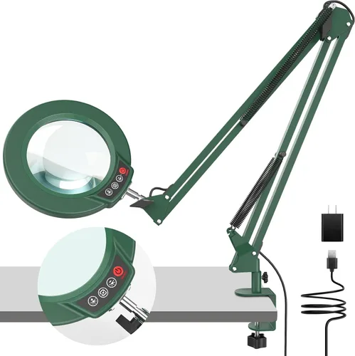 Vista 11 de Coyeth lupa de 10 aumentos con luz y abrazadera, lupa iluminada con soporte de vidrio real, lámpara de escritorio LED regulable sin escalones con 5