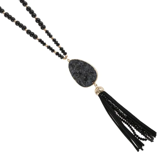 Vista 4 de RIAH FASHION Collar largo con dije bohemio con cuentas, cuentas de cristal brillante, lágrima bohemia, piedra natural, borla