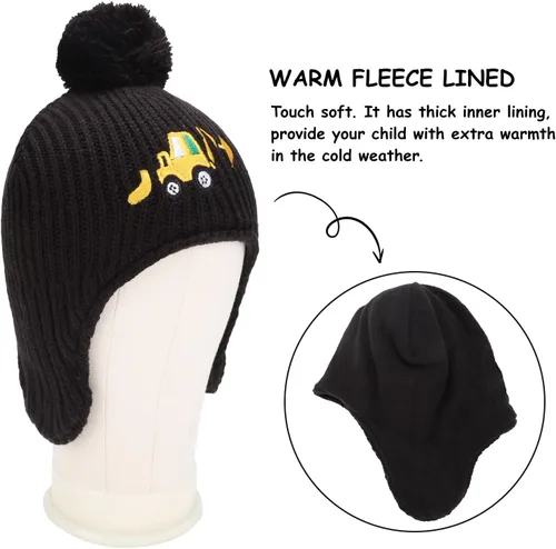 Vista 3 de BAOPLAYKIDS Toddler Winter Hat Baby Beanie with Earflap Warm Fleece Lined Embroidery Excavator Hats for Boys Kids