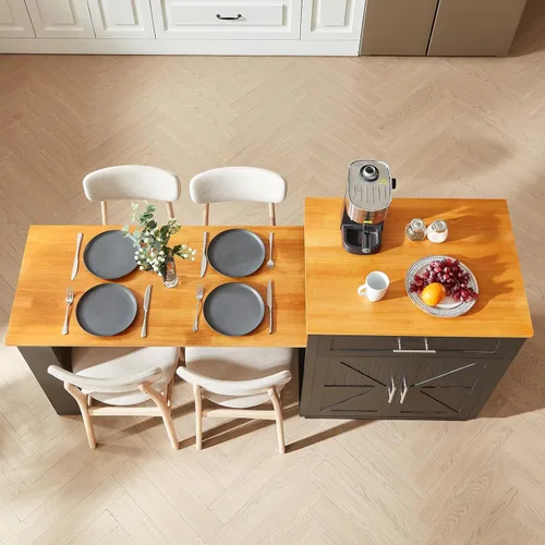 Vista 6 de ONBRILL Islas de cocina de 76 pulgadas con mesa de comedor extensible, mesa de isla para 2-4 personas con almacenamiento de doble lado, carrito