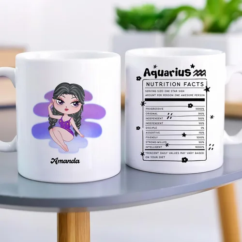 Vista 3 de Gossby Taza de café personalizada con signo de acuario, taza personalizada de horóscopo de 11 onzas para mujeres con diseño, nombre, información