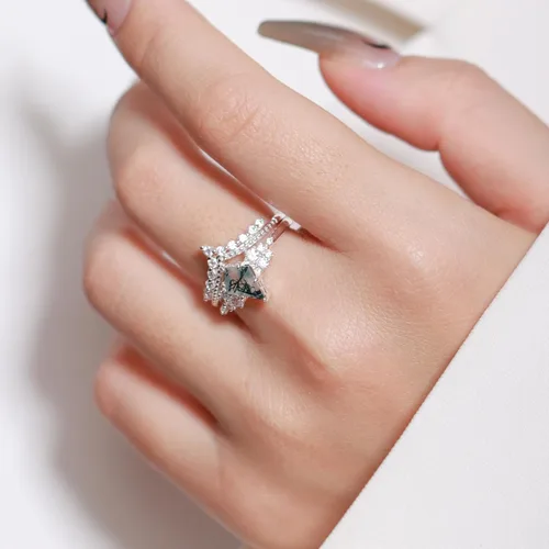 Vista 2 de ELMERA Anillo de compromiso para mujer, plata de ley 925, ágata musgo natural, anillo de promesa para ella, anillo de compromiso de ágata musgo