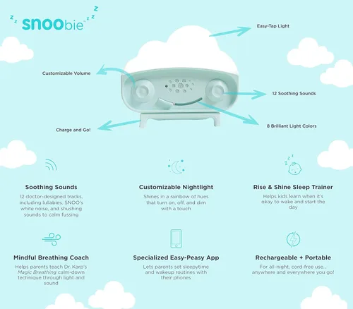 Vista 2 de Happiest Baby SNOObie - Máquina inteligente de ruido blanco, máquina de sonido portátil para bebés con luz nocturna, 12 sonidos relajantes