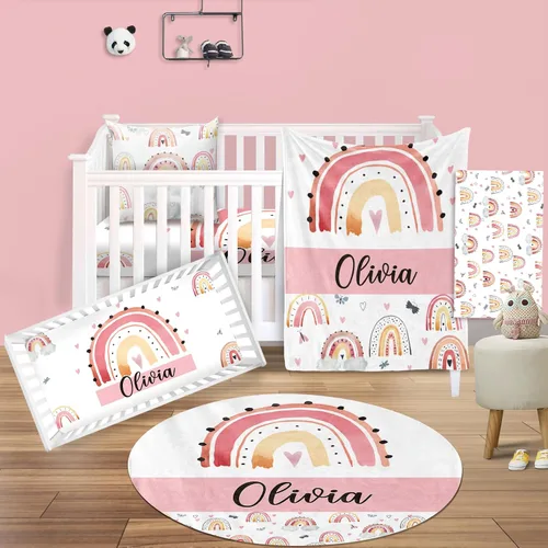 Vista 17 de Juego de ropa de cama para cuna de bebé, 5 piezas, diseño de bolas y arco iris, manta de bebé con nombre personalizado, sábana bajera para cuna
