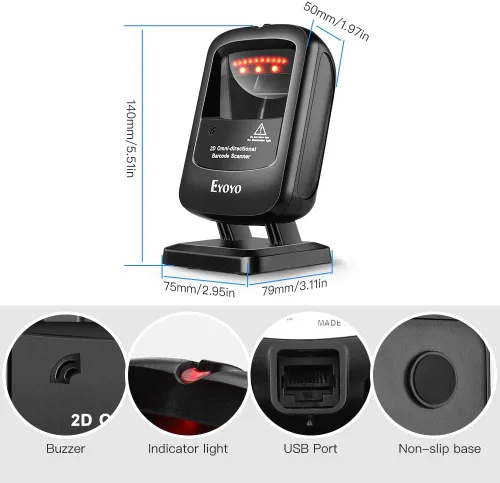 Vista 8 de Eyoyo Escáner de código de barras de escritorio 1D 2D, lector de código de barras con cable USB omnidireccional manos libres, captura códigos