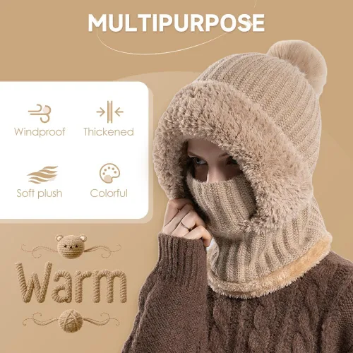 Vista 2 de Gorro 3 en 1 para mujer, gorro 3 en 1 con bufanda y máscara, juego de bufanda de esquí y máscara de punto cálido para otoño e invierno