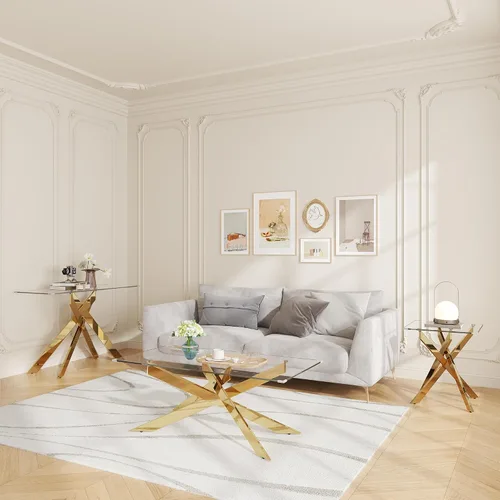 Vista 8 de Mesa de centro de cristal de 47 pulgadas con parte superior de vidrio templado y patas de metal dorado, mesa central rectangular moderna para sala