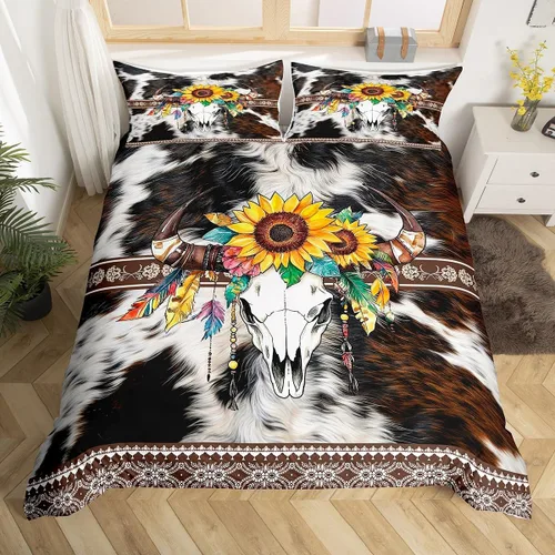 Vista 35 de Erosebridal Funda de edredón de piel de vaca marrón con estampado de vaca de las tierras altas, juego de ropa de cama occidental exótico azteca