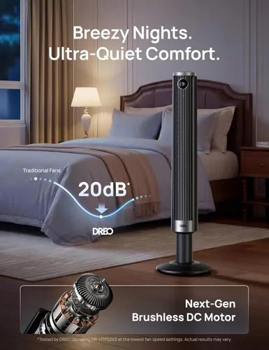Vista 5 de DREO Ventilador de torre inteligente para dormitorio, altura ajustable de 40 a 45 pulgadas, velocidad de 28 pies/s, motor de CC, 9 velocidades, 4