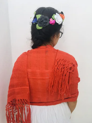 Vista 8 de Typical Mexican orange Rebozo 2.4 meters 95 inches (including fringes) modelo deshilado
