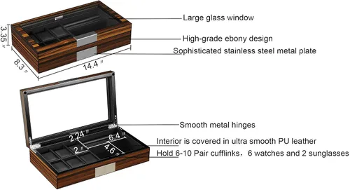 Vista 7 de Lifomenz Co Caja de joyería de reloj para hombre con 6 ranuras, 6 fundas de reloj, 8 pares de gemelos y lentes de sol, organizador grande de madera