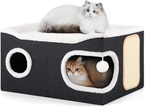 Vista 9 de Casa de Gato de 2 Pisos para Gatos de Interior, Separable en 2 Grandes Camas de Gato Cueva con Condominios Escondidos, Almohadillas para Rascar