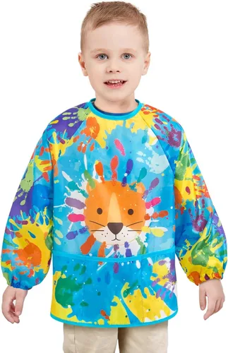 Vista 16 de WERNNSAI Bata de arte para niños impermeable con manga larga y 3 bolsillos de pintura