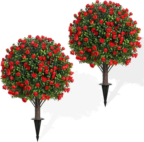 Vista 8 de Árbol de bola de pascua artificial de 26 pulgadas, paquete de 2, resistente Poinsetia