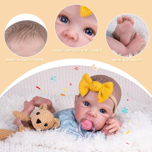 Vista 8 de Aori Muñecas bebé recién nacidas Niña - Muñeca recién nacida de 20 pulgadas realista con cuerpo de tela hecho a mano, ojos azules y cabello pintado