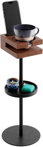 Vista 8 de Mesa de bebidas para espacios pequeños – Mesa auxiliar delgada de pedestal con parte superior de madera real y base estable para café y cócteles