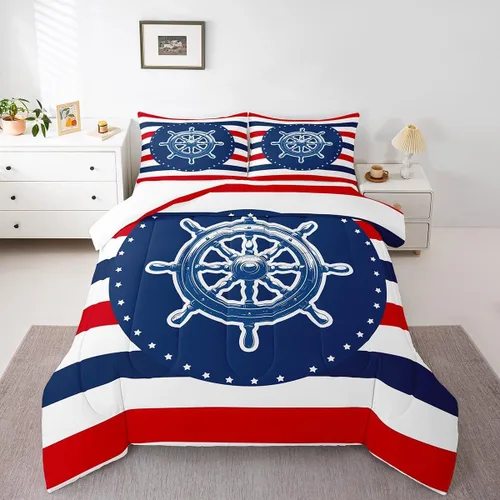 Vista 10 de Juego de edredón de brújula azul marino, tamaño individual, 2 piezas, diseño náutico de vela, estilo simple, para niños, adolescentes, adultos