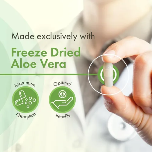 Vista 4 de Cápsulas de aloe vera, 180 unidades de gel liofilizado y polvo de hojas para IC BPS que apoyan la salud digestiva y de la vejiga, suplemento natural