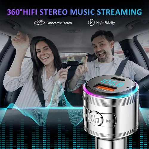 Vista 3 de LENCENT - Transmisor Bluetooth 5.3 de metal completo Bluetooth 5.3, carga rápida USB dual de 48 W (PD 30 W y QC3.0 18 W), transmisor de radio FM