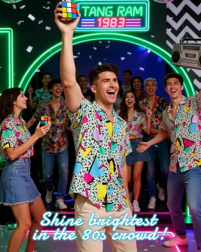 Vista 6 de Zando Camisas hawaianas de los años 80 y 90 para hombre, divertido traje retro de manga corta con botones para fiesta temática discoteca verano playa