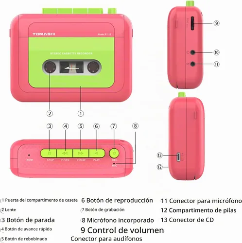 Vista 8 de TOMASHI Reproductor de cinta de casete estéreo portátil,Wallkman,Grabadora Rosa