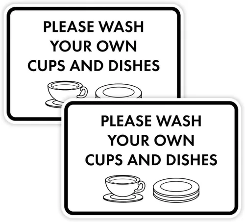 Vista 48 de Letrero clásico enmarcado con texto en inglés «Please Wash Your Own Cups and Dishes» (negro)