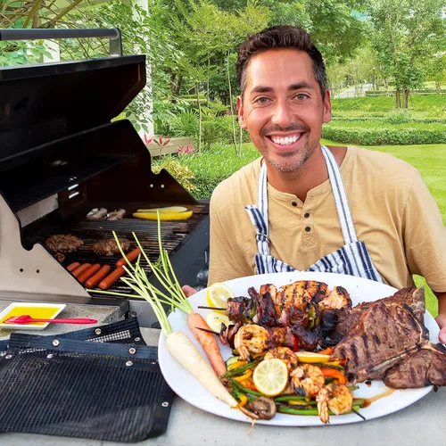 Vista 6 de Oleex - Bolsas antiadherentes grandes para barbacoa + cepillo para untar, malla de PTFE reutilizable para interiores y exteriores, accesorios