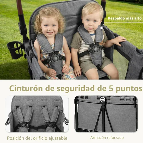 Vista 6 de Kinder King Cochecito Wagon para 4 niños, mango ajustable, gris