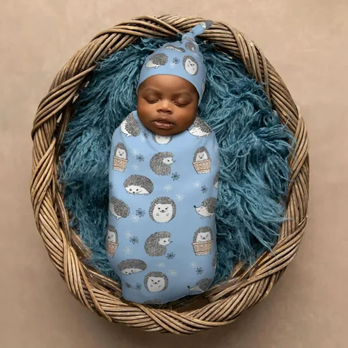 Vista 6 de Lindos erizos azules para recién nacidos, conjuntos de gorros, manta suave para bebé, saco de envolver para baby shower, regalo para niños y niñas