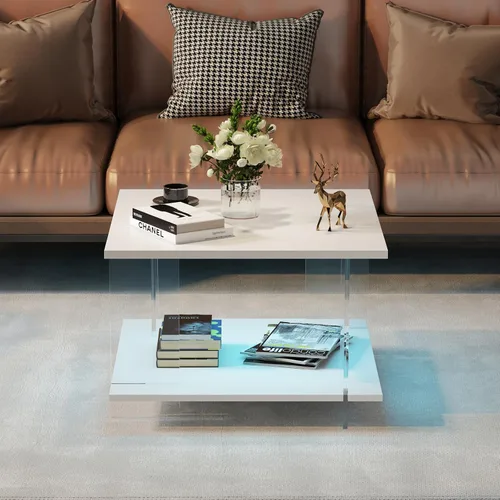 Vista 8 de HedoAjim Mesa de café de 24" de acrílico con tablero de madera blanca, mesa central minimalista y moderna de estilo cuadrado para la sala de estar
