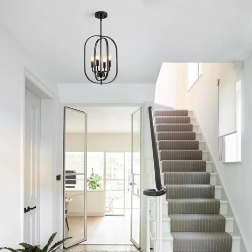 Vista 7 de XINGQI Modernas lámparas de araña para comedor, lámpara colgante rústica geométrica de granja de 31 cm, lámpara de techo de metal negro de 4 luces