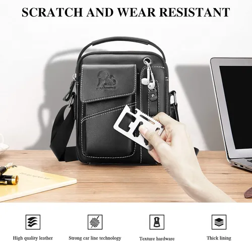 Vista 7 de BAIGIO Bolso bandolera de cuero pequeño para hombre, bolso bandolera para viajes, negocios, trabajo