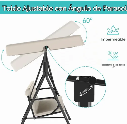 Vista 6 de Murago - Silla de columpio para patio al aire libre con dosel ajustable, columpio para patio al aire libre con soporte resistente para 3 personas