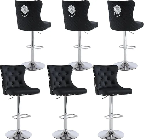 Vista 11 de Juego de 1 taburetes de bar giratorios dorados, taburetes de bar ajustables de terciopelo con respaldo copetudo, ribete de cabezas de clavos