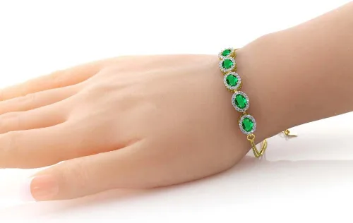 Vista 2 de Gem Stone King Pulsera de tenis de esmeralda simulada chapada en oro amarillo de 18 quilates para mujer